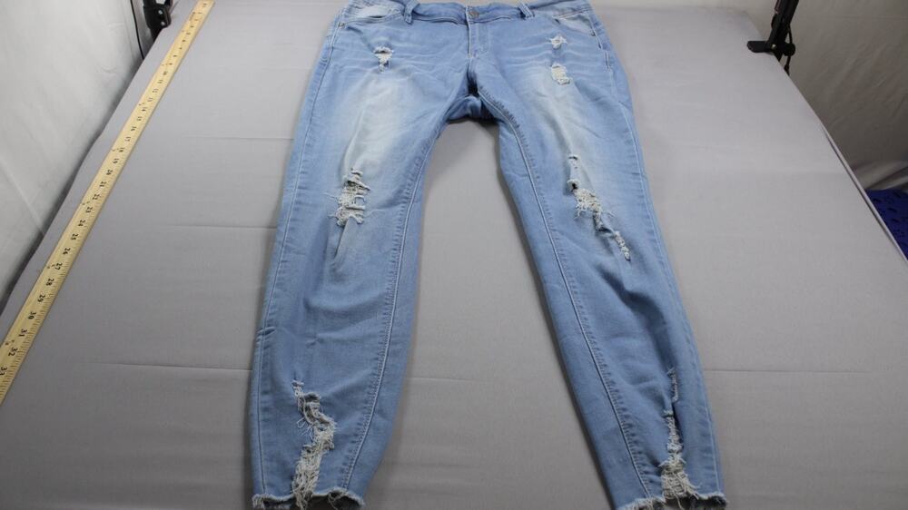 Wax Jeans Butt, I Love You! Womens 1XL Blue Distressed Stretch Shaping Raw Hem